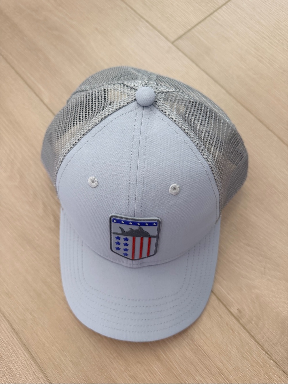 Southern Tide Light Gray Mesh Trucker Hat with American Flag Shield Patch